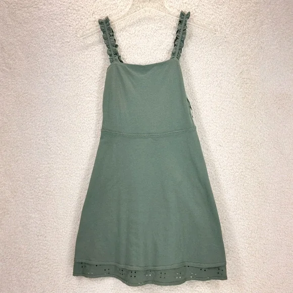 Hollister Eyelet Mini Dress Green XS Square Neck Ruffled Shoulder Straps Summer - Picture 3 of 10
